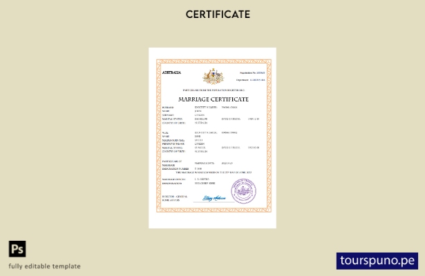 listo para imprimir certificado de matrimonio de Australia Plantilla en Word y P